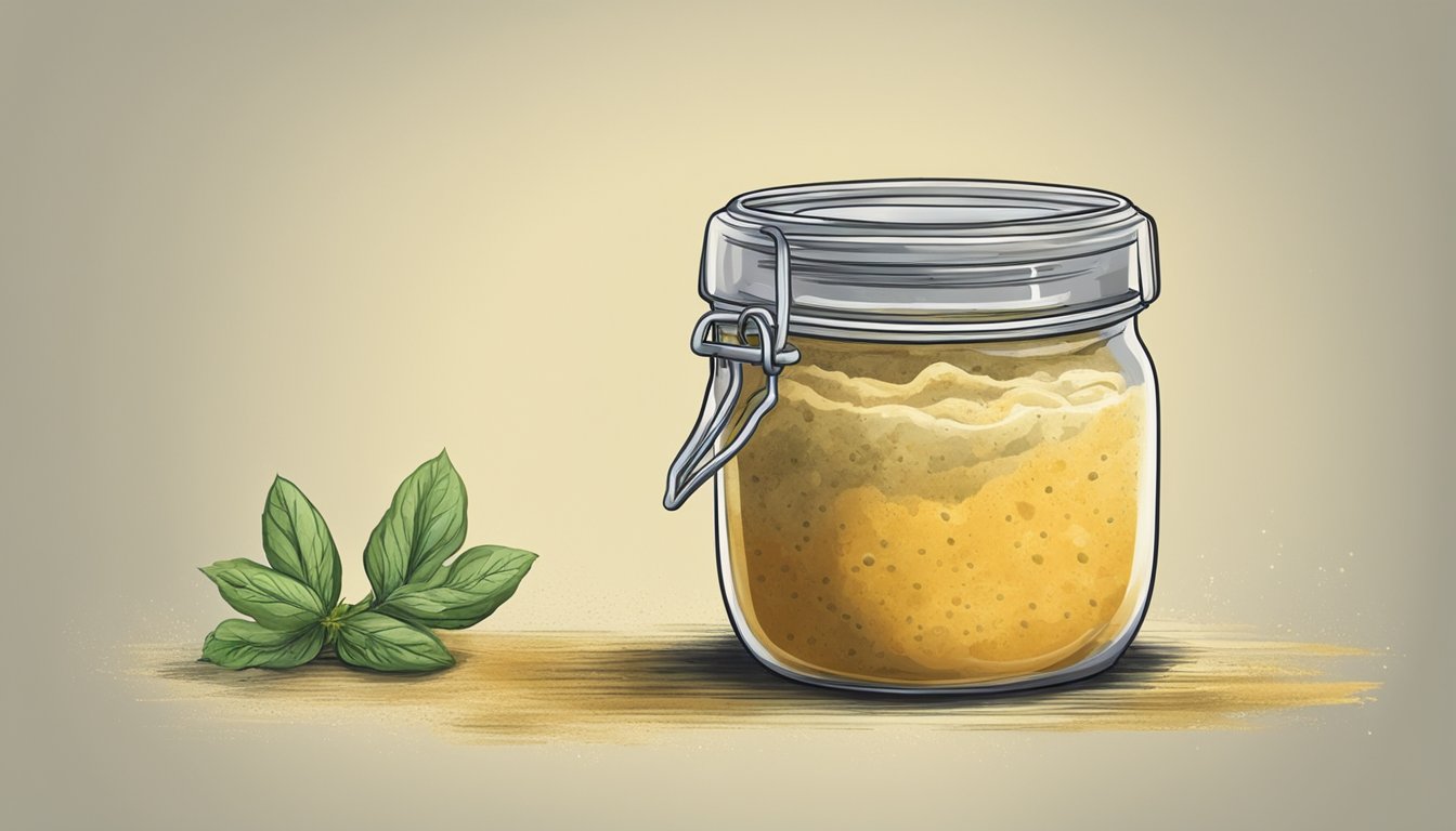 A jar of hummus with mold growing on the surface, surrounded by a pungent odor and discolored texture