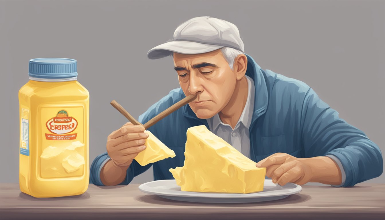 A person holding a stick of expired butter, inspecting it closely with a concerned expression