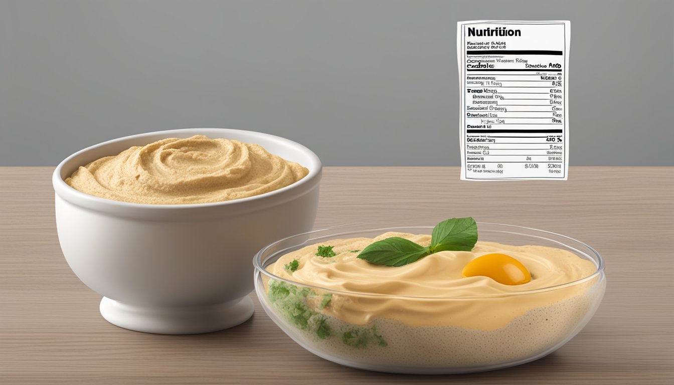 A bowl of expired hummus with visible mold, next to a nutrition label