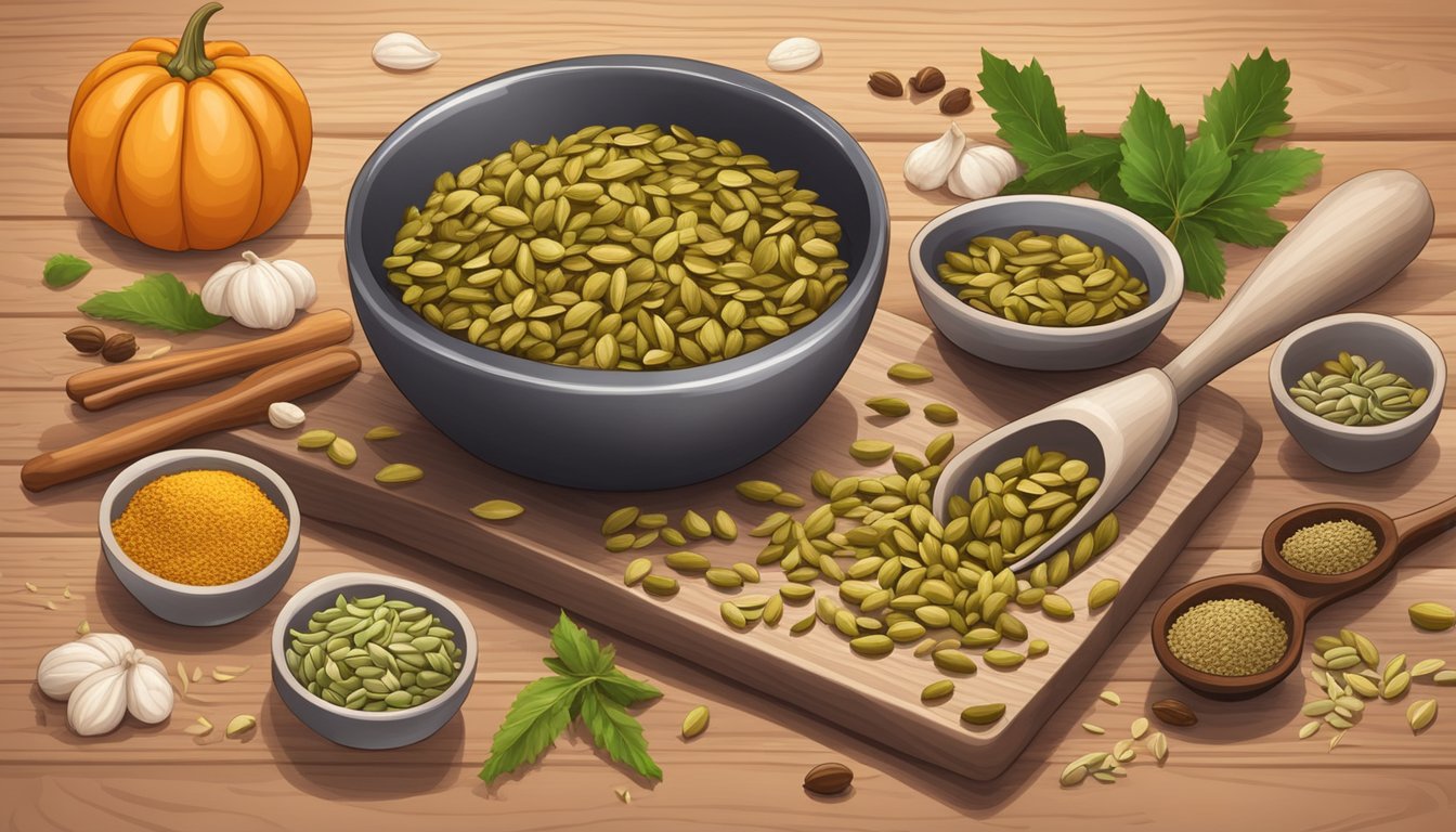 A bowl of raw pumpkin seeds on a wooden cutting board, surrounded by various spices and seasonings, with a mortar and pestle nearby for grinding