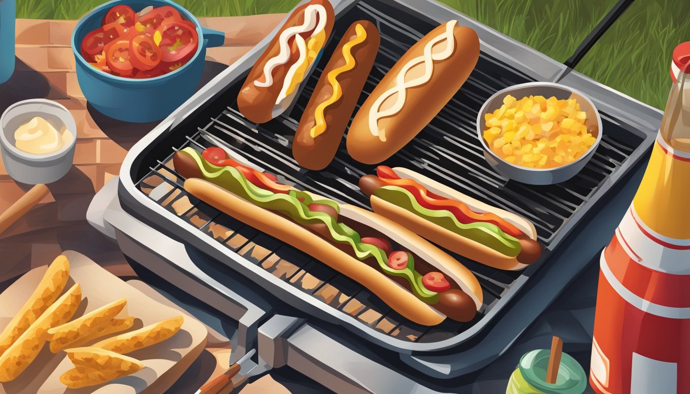 A colorful outdoor picnic scene with a grill, condiments, and various toppings. A hot dog is shown being cooked over the flame