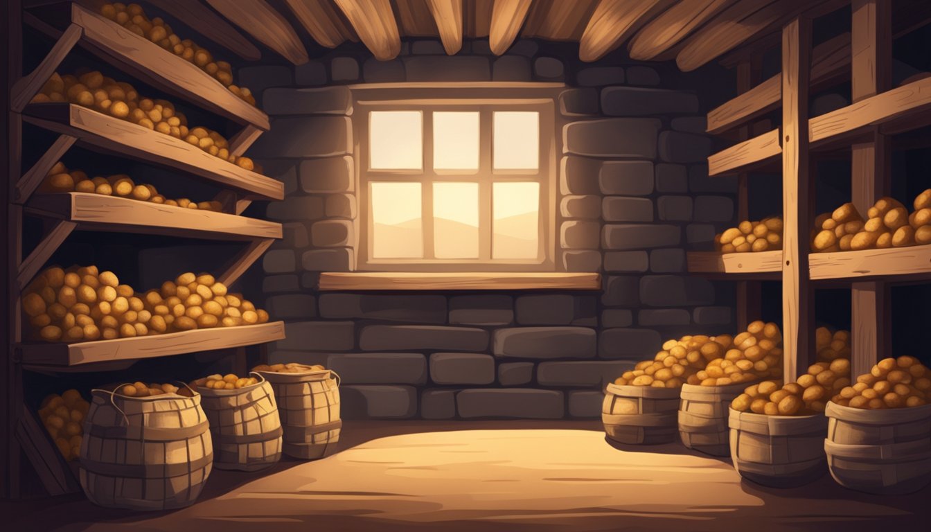 A dark, cool cellar with shelves of potatoes in burlap sacks. A small window lets in a faint light, casting shadows on the stacked produce