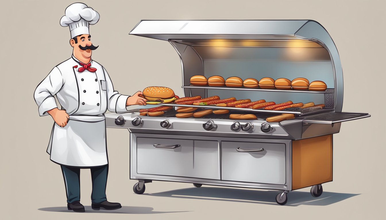 A chef carefully inspects and cooks hot dogs on a clean grill