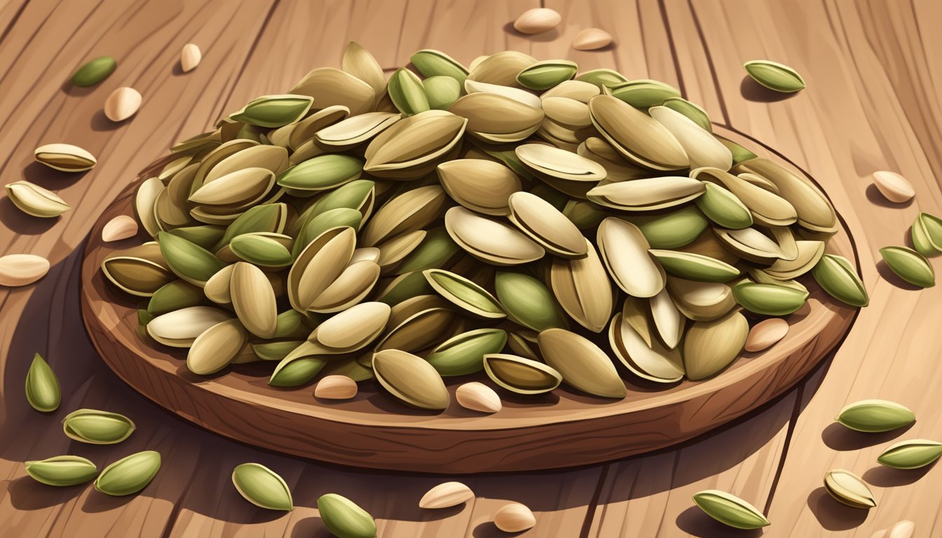 A pile of raw pumpkin seeds scattered on a wooden cutting board, surrounded by a variety of nuts and seeds