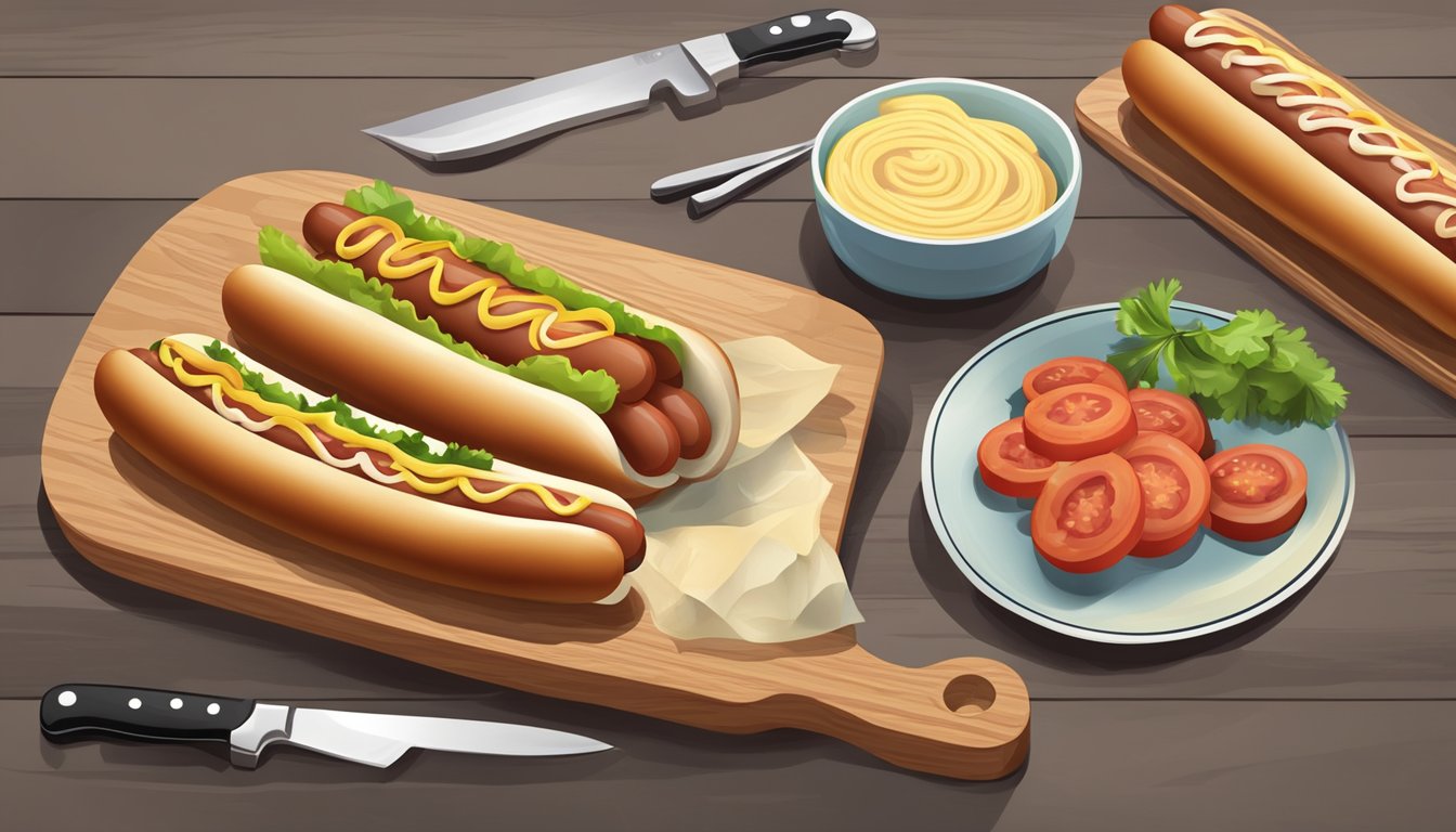 A pack of raw hot dogs on a clean cutting board, with a knife and a plate nearby