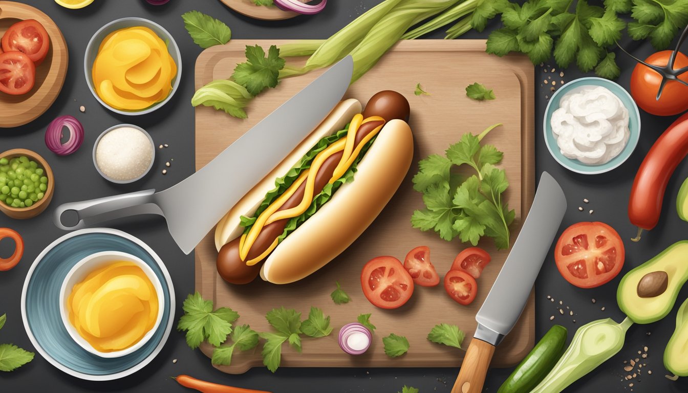 A hot dog on a clean cutting board, surrounded by raw ingredients and a cooking utensil