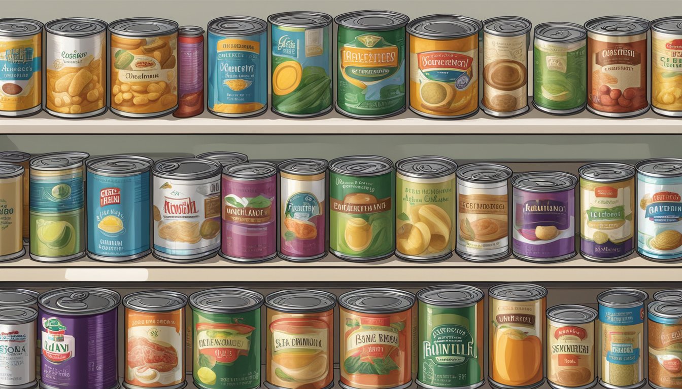 A variety of canned foods lined up on a shelf, with different labels and expiration dates visible