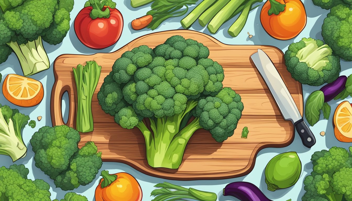 A vibrant head of broccoli surrounded by other fresh vegetables on a wooden cutting board