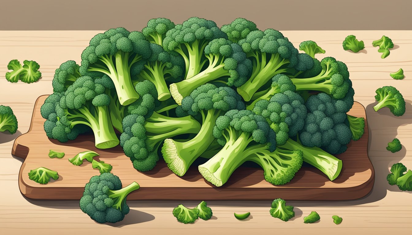 A pile of fresh raw broccoli on a clean cutting board