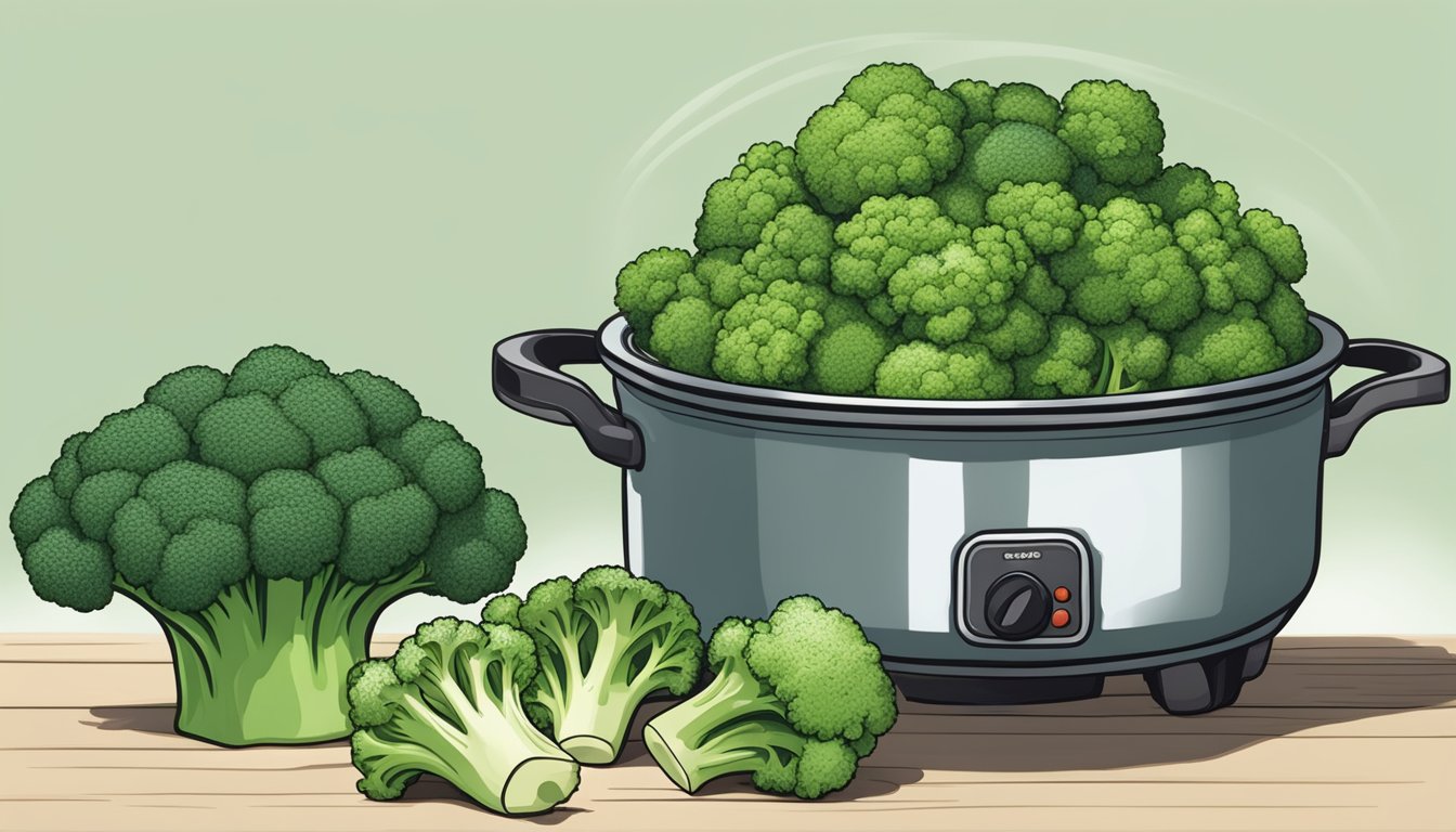 A pile of raw broccoli sits next to a steaming pot of cooked broccoli, highlighting the differences in color, texture, and form