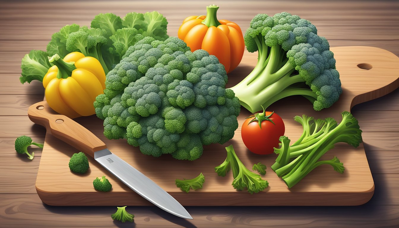 A vibrant green broccoli floret surrounded by other fresh vegetables on a wooden cutting board. A knife and a measuring cup are nearby