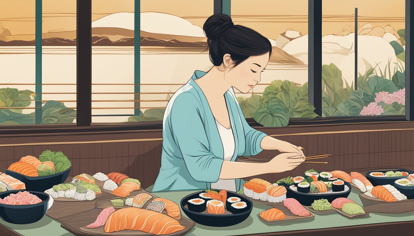 An illustration of a pregnant woman enjoying a variety of sushi, with specific fish to avoid listed in the background