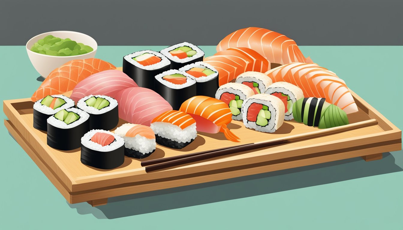 A colorful sushi spread with various rolls, sashimi, and nigiri arranged on a traditional bamboo serving tray, accompanied by pickled ginger and wasabi