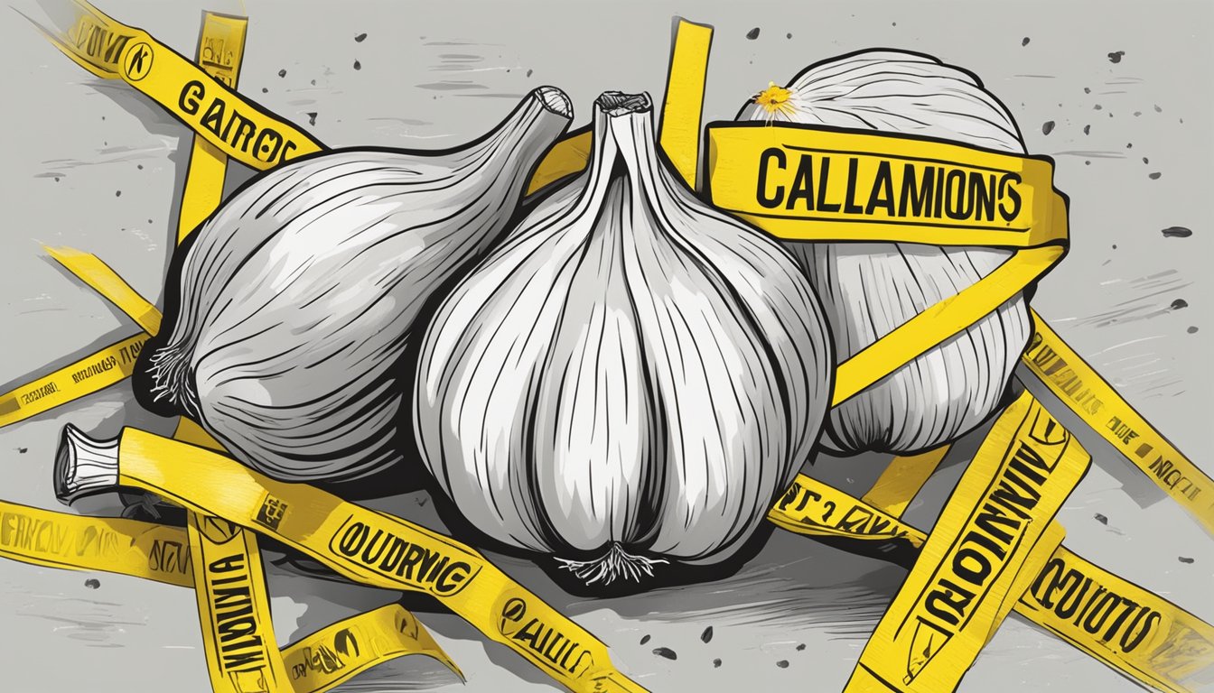 A close-up of a raw garlic bulb with visible cloves, surrounded by warning signs and caution tape