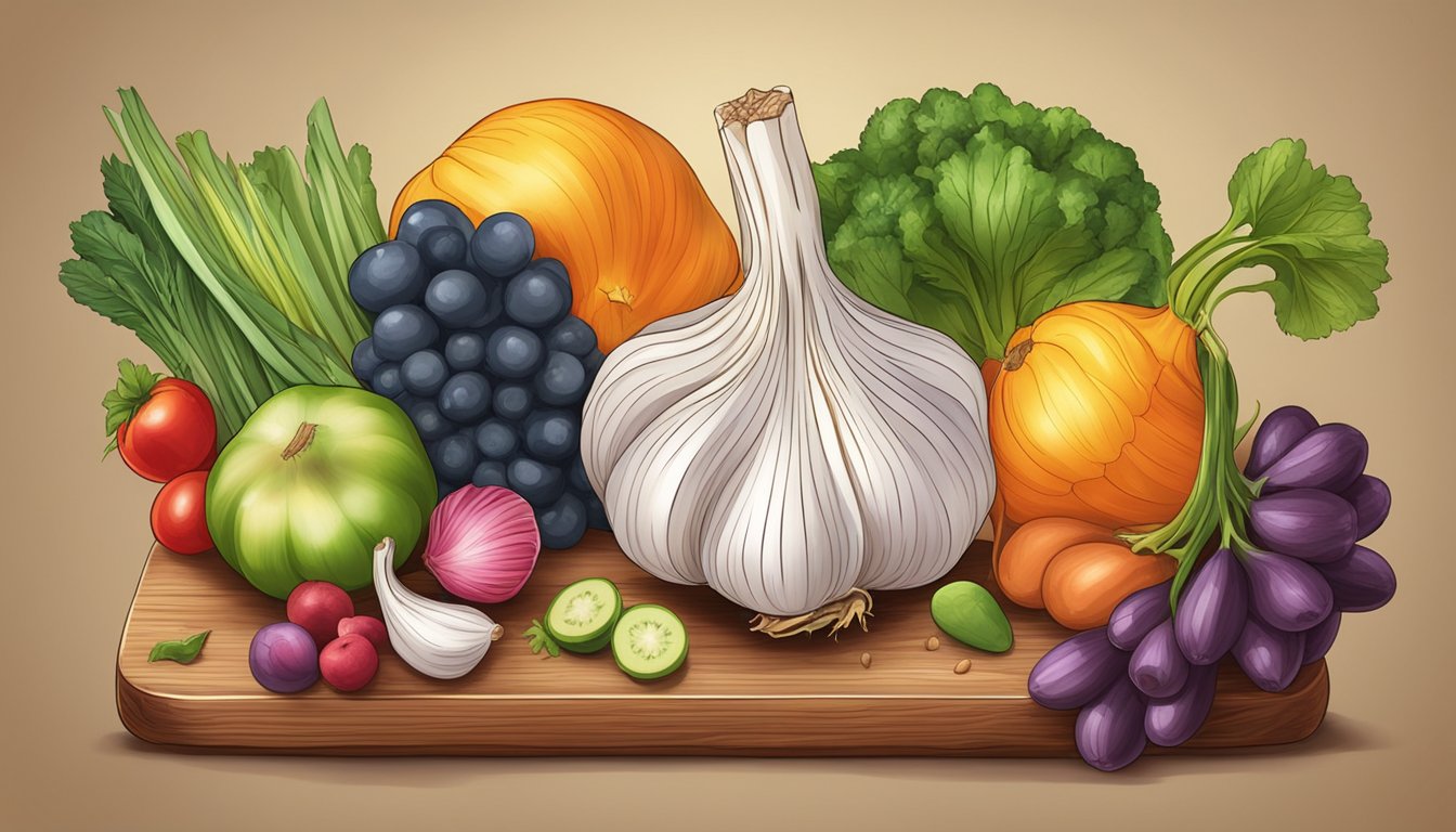 A vibrant garlic bulb surrounded by various colorful fruits and vegetables on a wooden cutting board