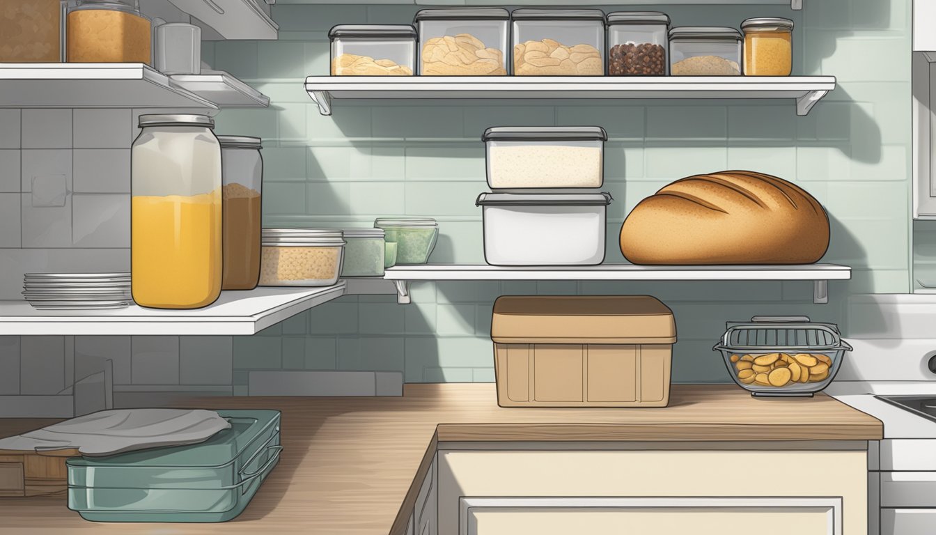 A loaf of bread sits on a kitchen counter next to a calendar showing an expired date. A pantry door is open, revealing shelves of organized food storage containers