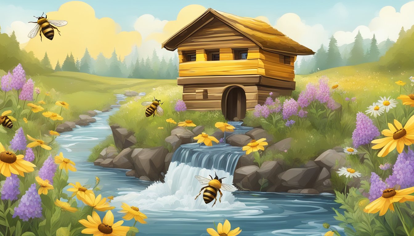 A buzzing beehive surrounded by wildflowers and a flowing stream, with honeycomb dripping with raw honey