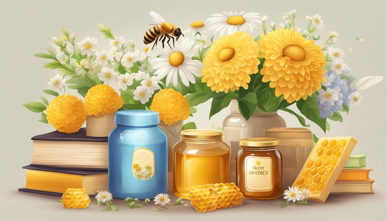 A jar of raw honey surrounded by blooming flowers and a honeycomb, with a background of medical research books and scientific equipment