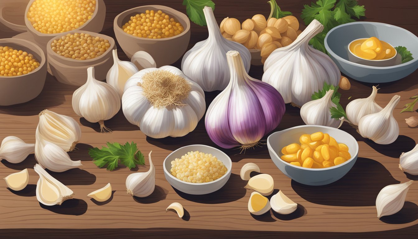 A diverse array of foods, including garlic bulbs, are spread out on a wooden table. A sign with a question mark hovers over the garlic, suggesting uncertainty about its safety