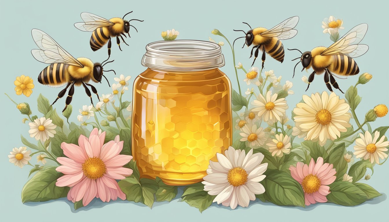 A jar of raw honey surrounded by blooming flowers and buzzing bees