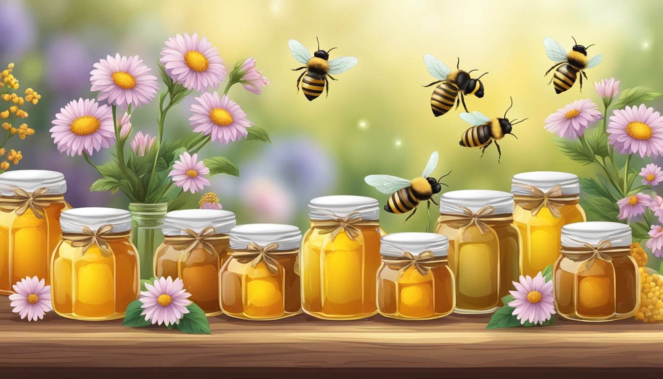 A table with jars of different colored and textured honey, surrounded by bees and flowers