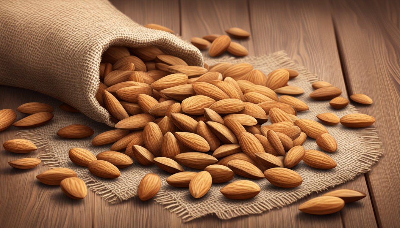 A pile of raw almonds spills out of a burlap sack, scattered on a wooden table. Some almonds are cracked open, revealing the creamy white interior