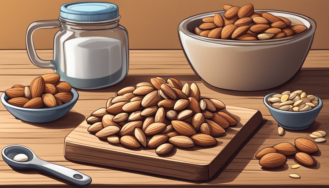 A pile of raw almonds on a wooden cutting board, with a measuring cup of almonds next to it, and a nutrition label in the background