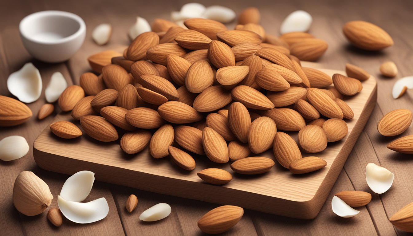 A pile of raw almonds sits on a clean, wooden cutting board, surrounded by a scattering of whole almonds and almond shells