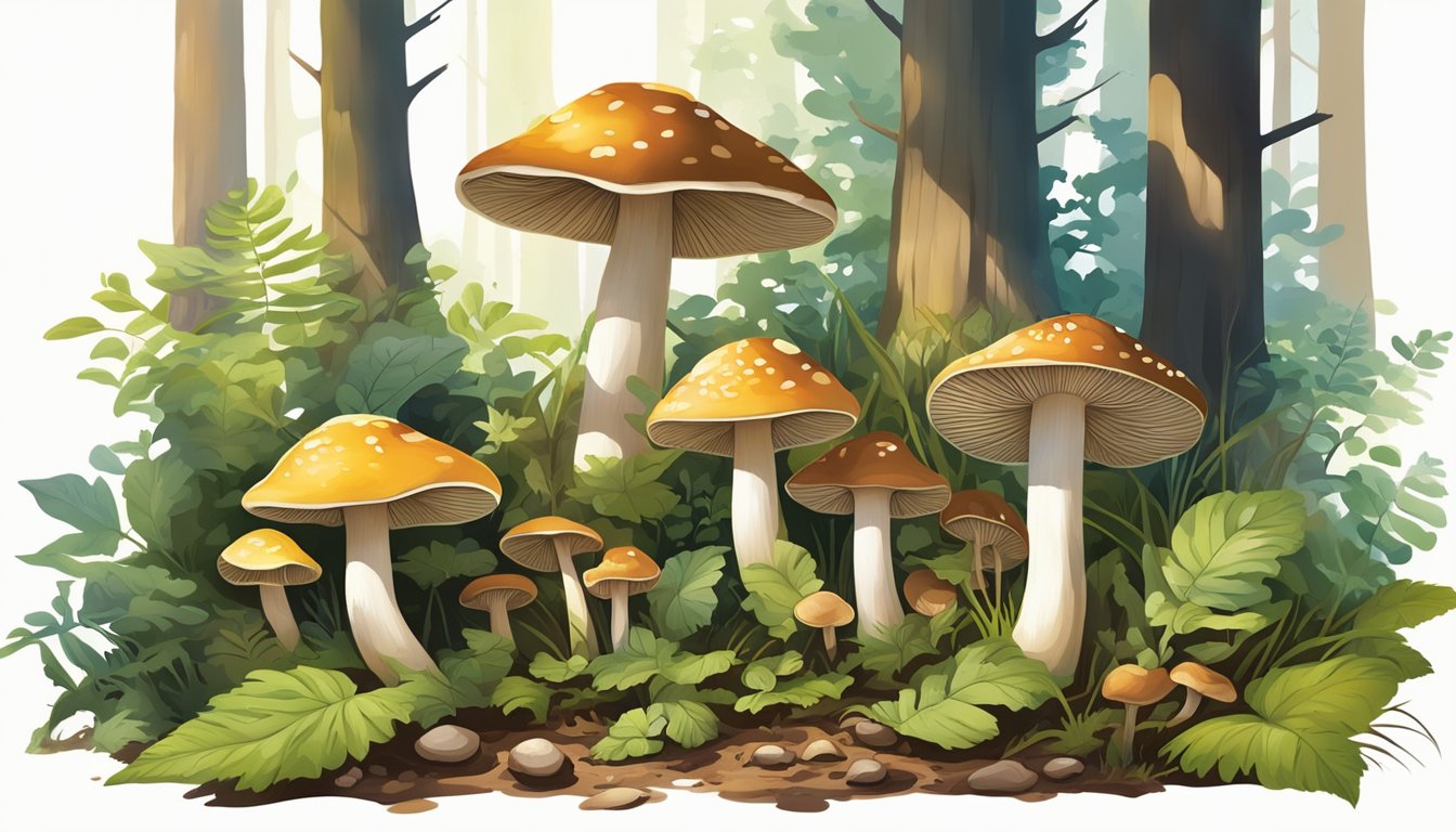 A variety of wild mushrooms growing in a lush forest setting, with sunlight filtering through the trees and casting dappled shadows on the forest floor