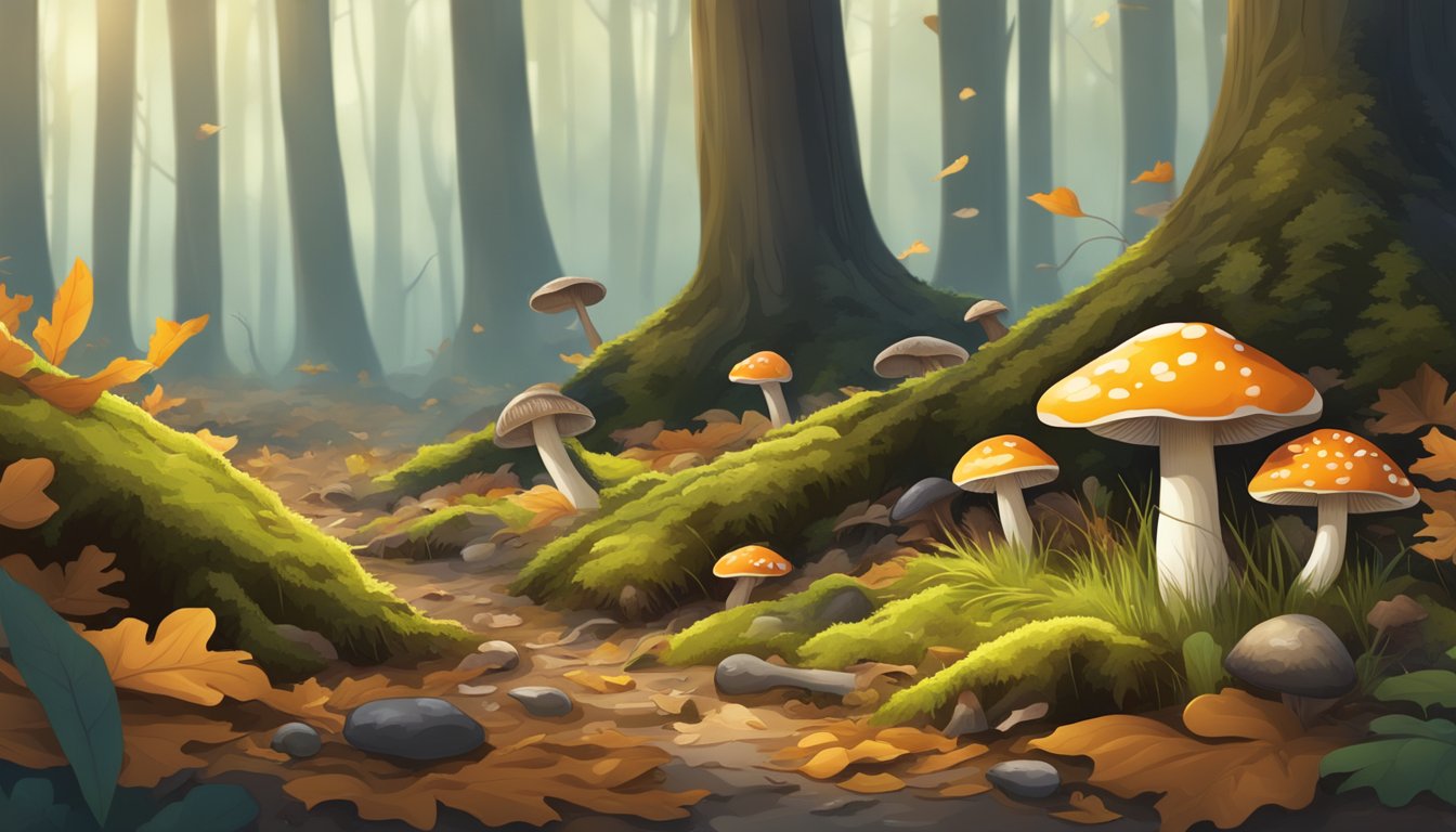 A forest floor with various types of wild mushrooms growing among fallen leaves and moss