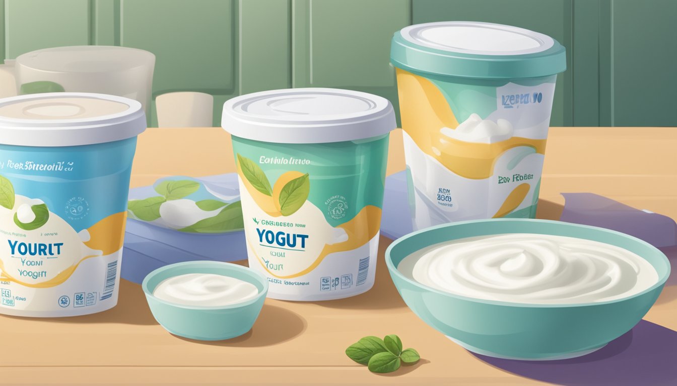 A carton of expired yogurt sits on a kitchen counter, surrounded by a few unopened containers of fresh yogurt. The expiration date on the carton is clearly visible