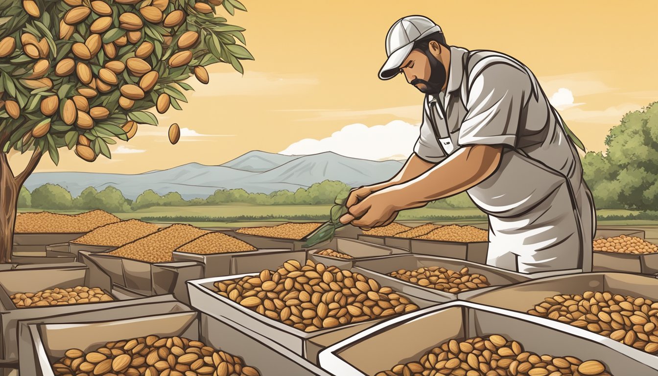 A worker inspecting raw almonds for quality, with a focus on cleanliness and safety measures in place