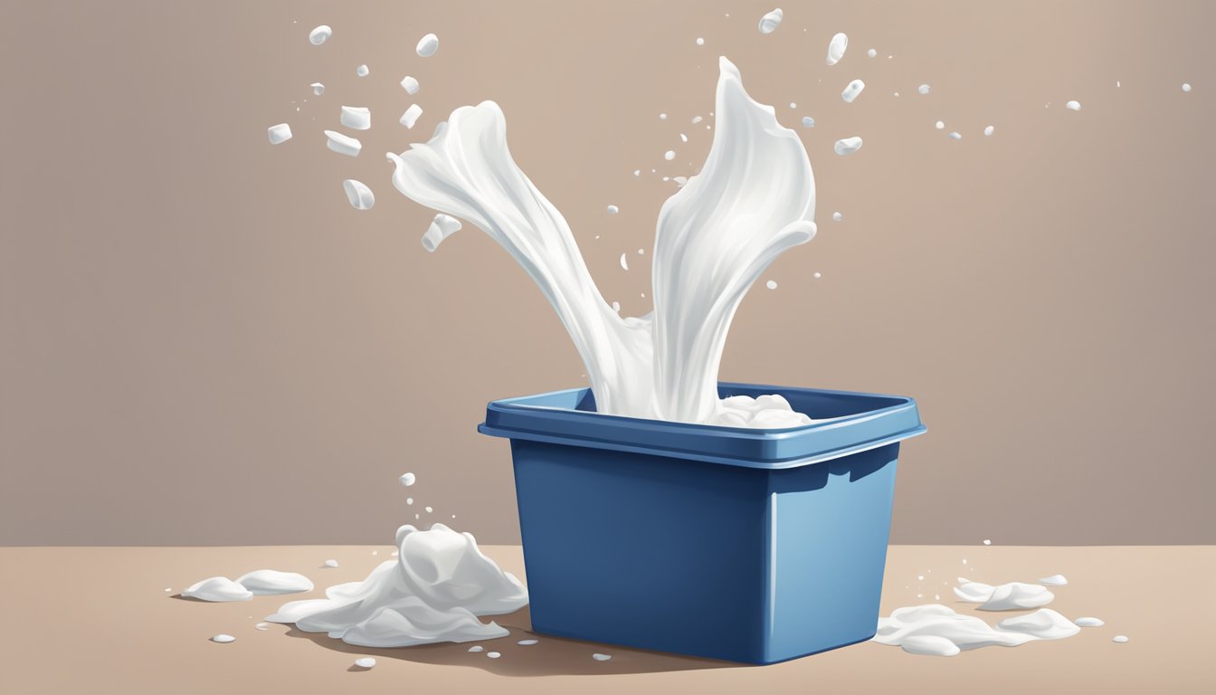 A carton of expired yogurt being thrown into a trash bin