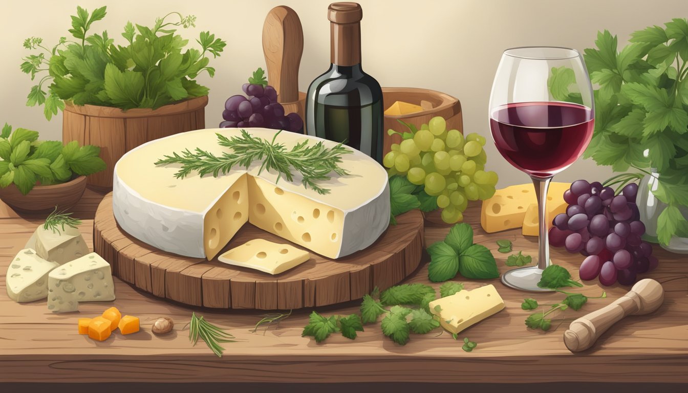 A rustic cheese wheel surrounded by fresh herbs and a glass of wine