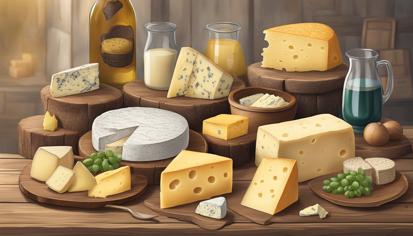 A rustic table with a variety of unpasteurized cheeses, surrounded by warning signs and safety guidelines