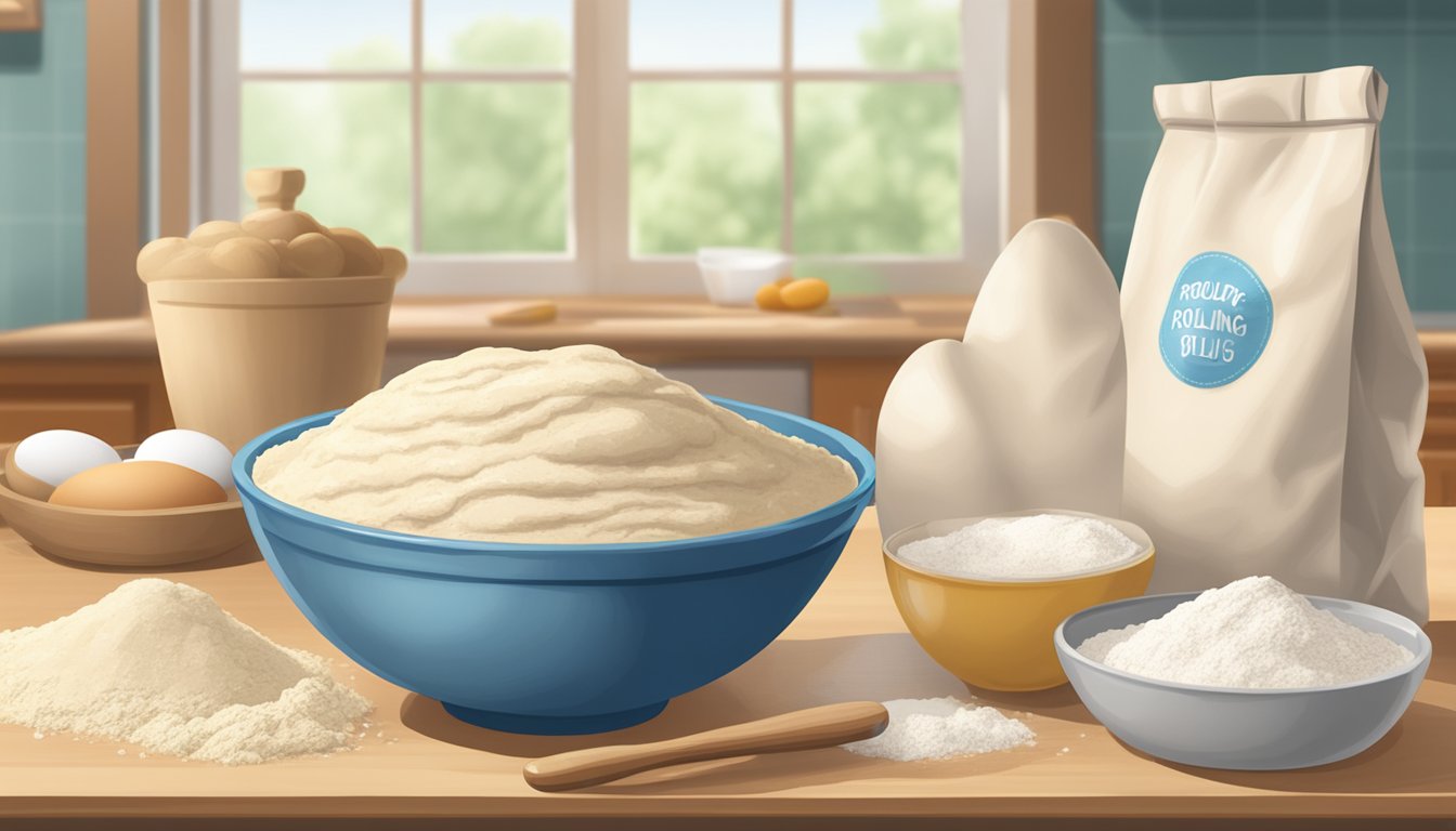 A mixing bowl filled with raw dough sits next to a bag of flour, eggs, and a rolling pin on a kitchen counter