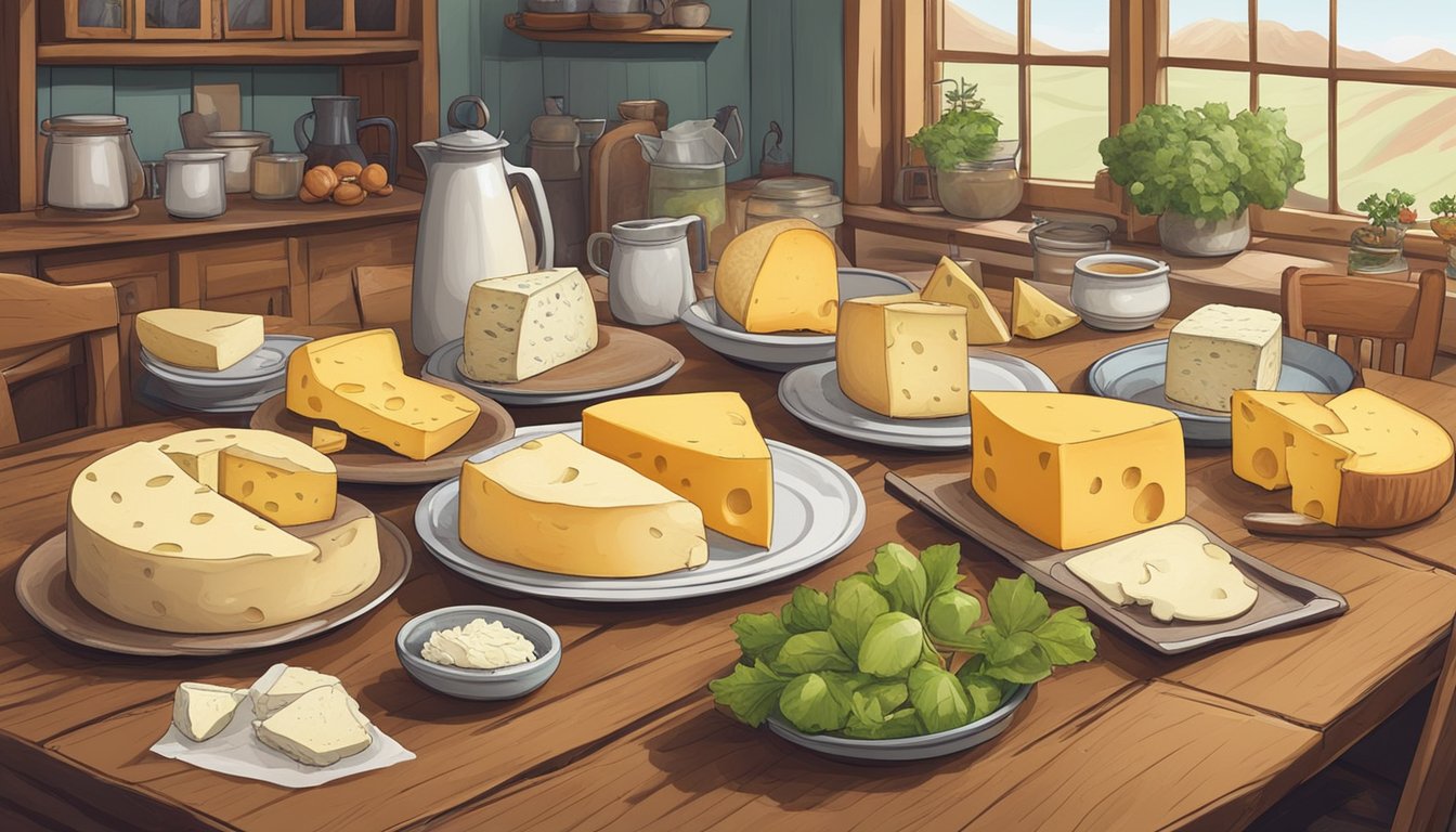 A rustic kitchen table with a variety of unpasteurized cheeses, surrounded by concerned consumers reading case studies and articles on food safety