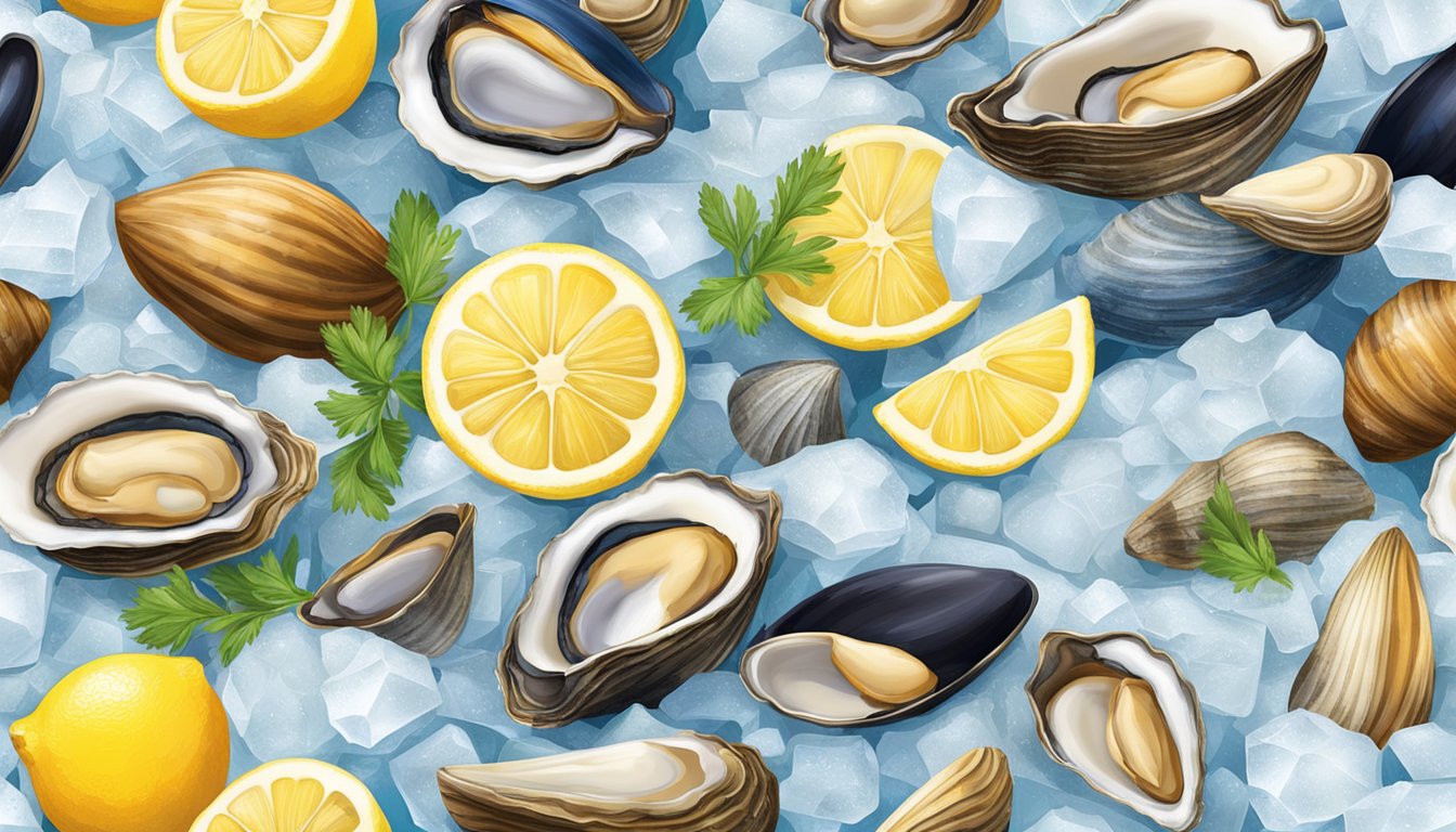 A colorful array of various shellfish, including oysters, clams, and mussels, displayed on a bed of ice with vibrant lemon slices and fresh herbs