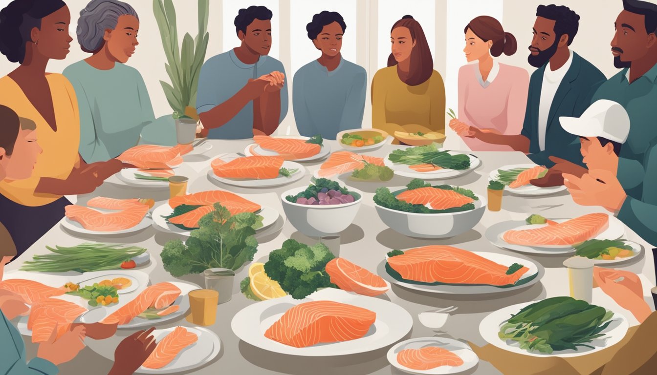 A diverse group of people with different dietary needs gather around a table with plates of raw salmon, looking uncertain