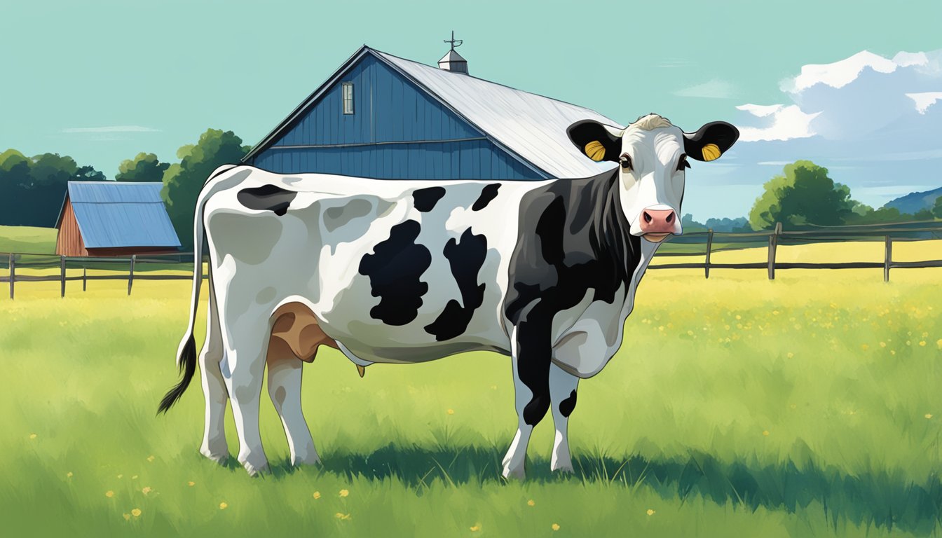 A cow standing in a green pasture, with a clear blue sky and a small barn in the background