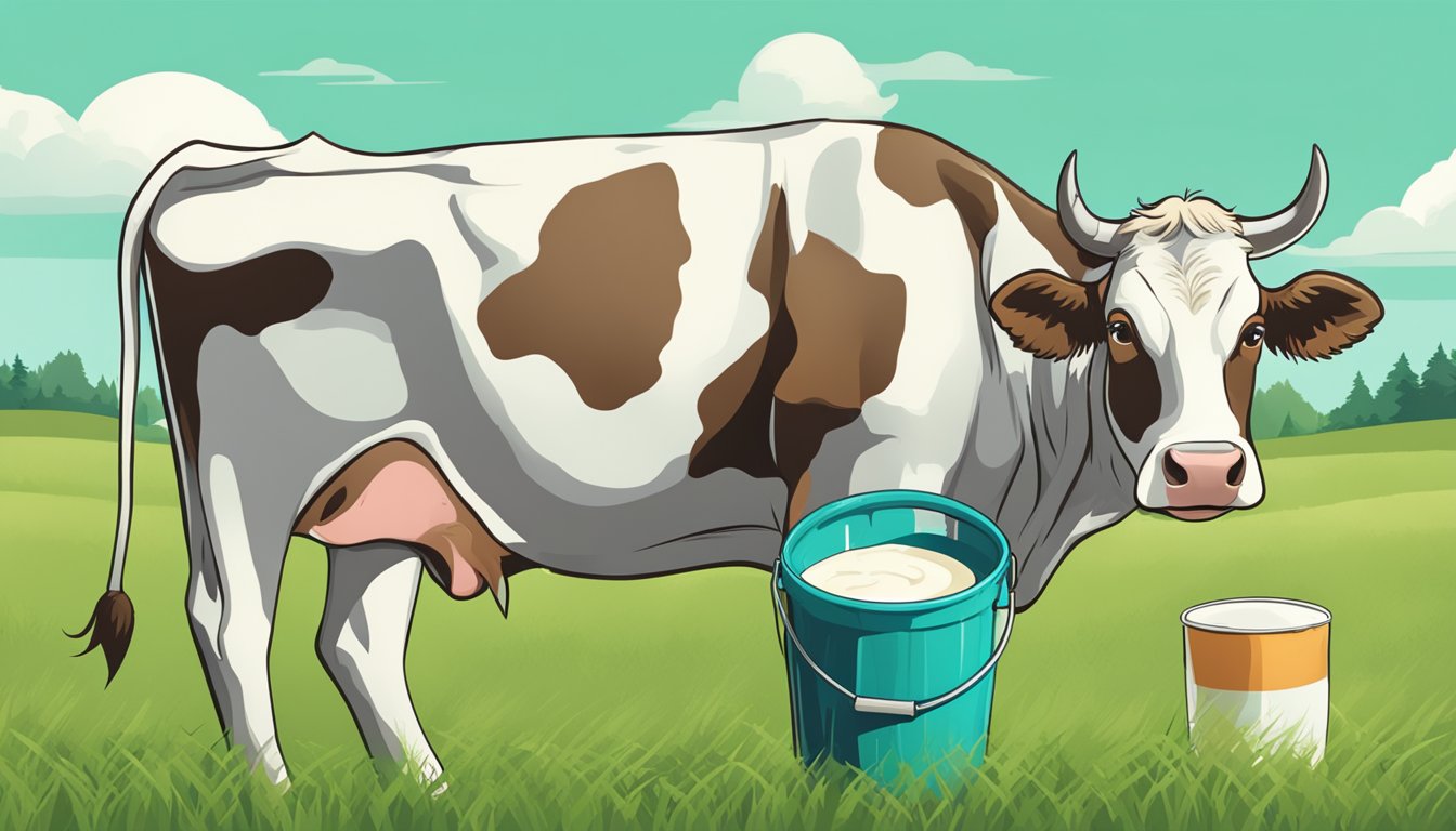 A cow standing in a green pasture, with a bucket of milk beside it and a warning sign about the risks of drinking raw milk