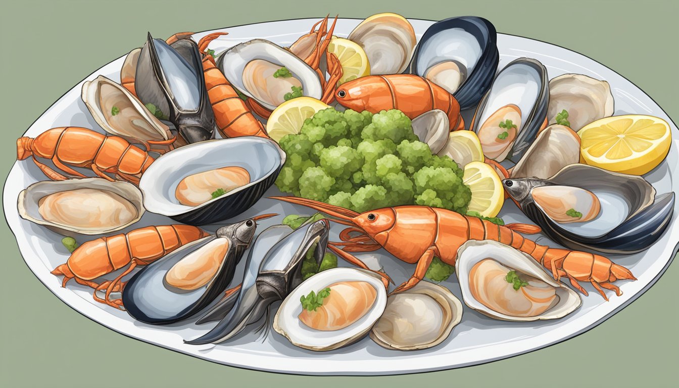 A platter of raw shellfish varieties with caution signs and a warning label