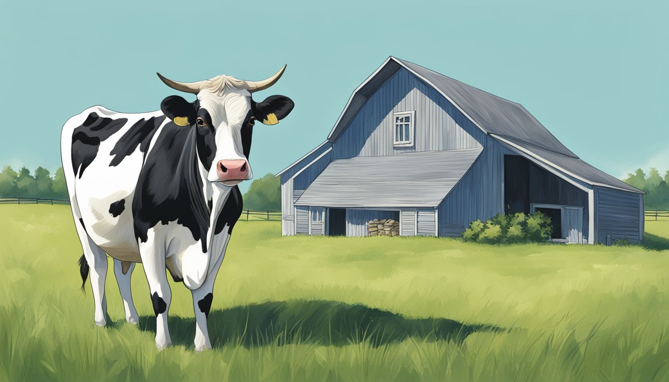 A cow standing in a green pasture, with a clear blue sky and a small barn in the background