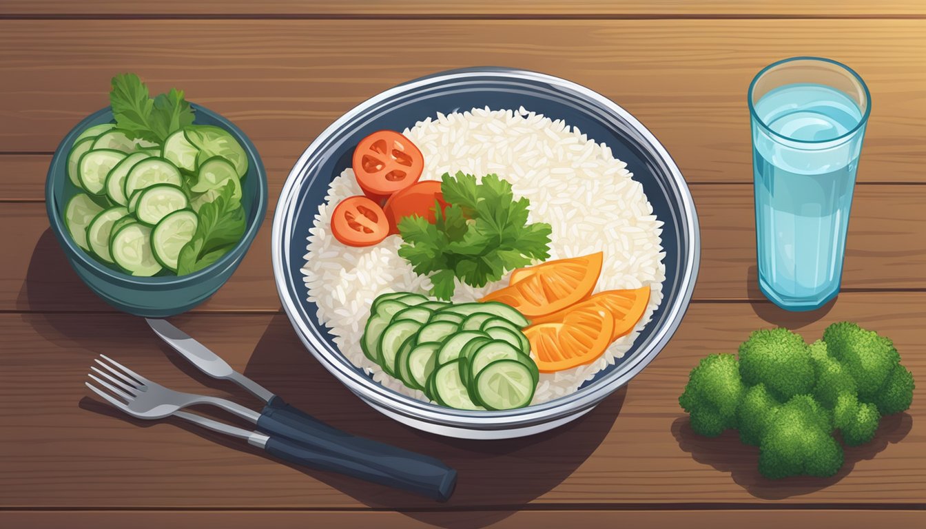 A bowl of cold rice surrounded by fresh vegetables and a glass of water on a wooden table