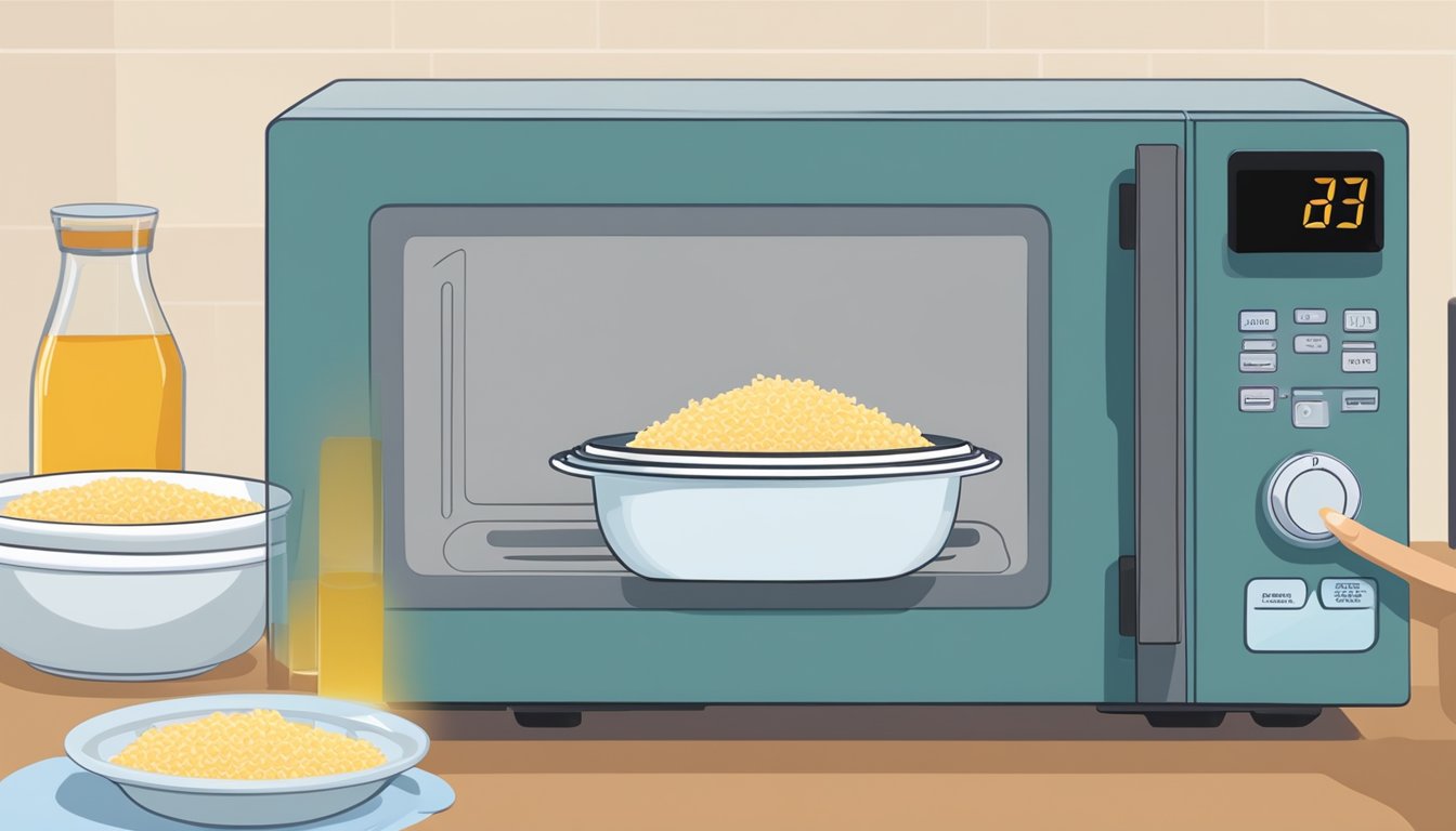 A microwave with a bowl of cold rice inside, a food thermometer, and a person checking the temperature