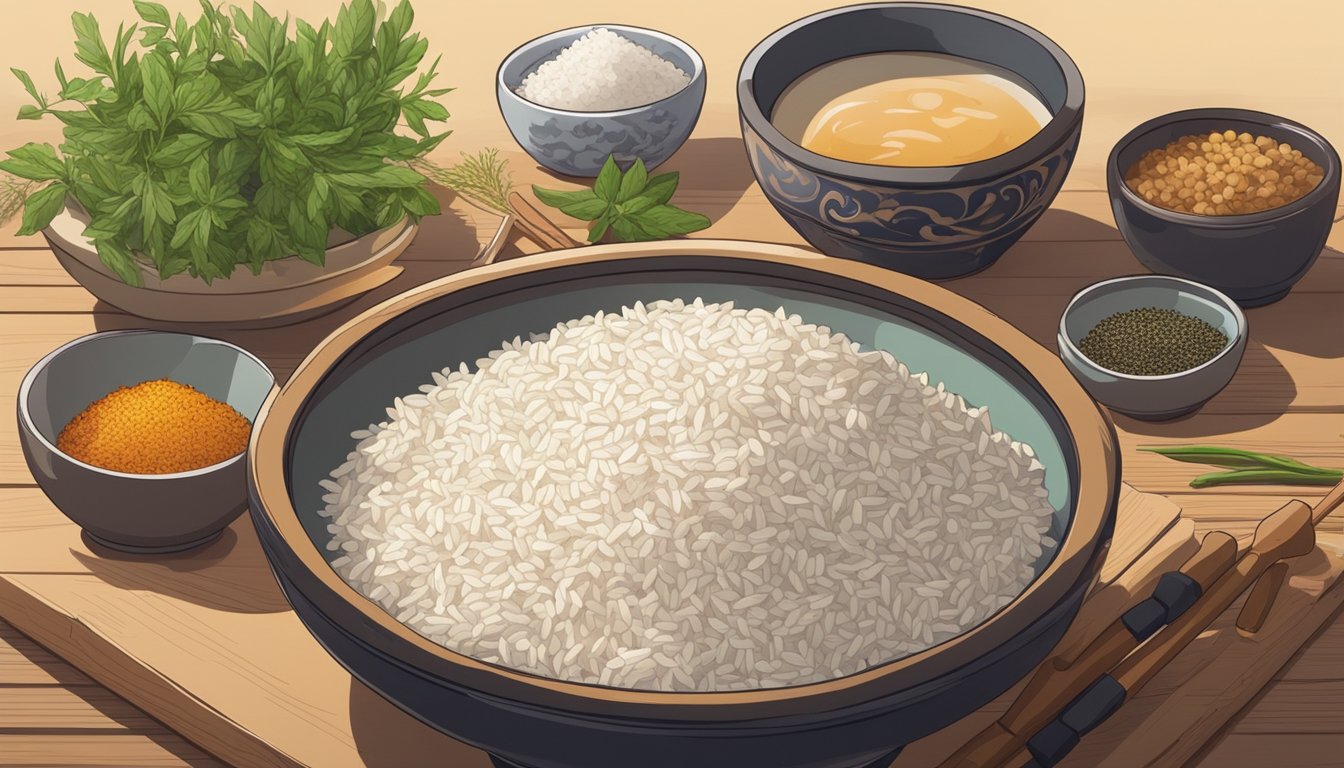 A bowl of cold rice sits on a wooden table, surrounded by various herbs and spices. A steaming pot and a pair of chopsticks are nearby, indicating the preparation of a hot meal