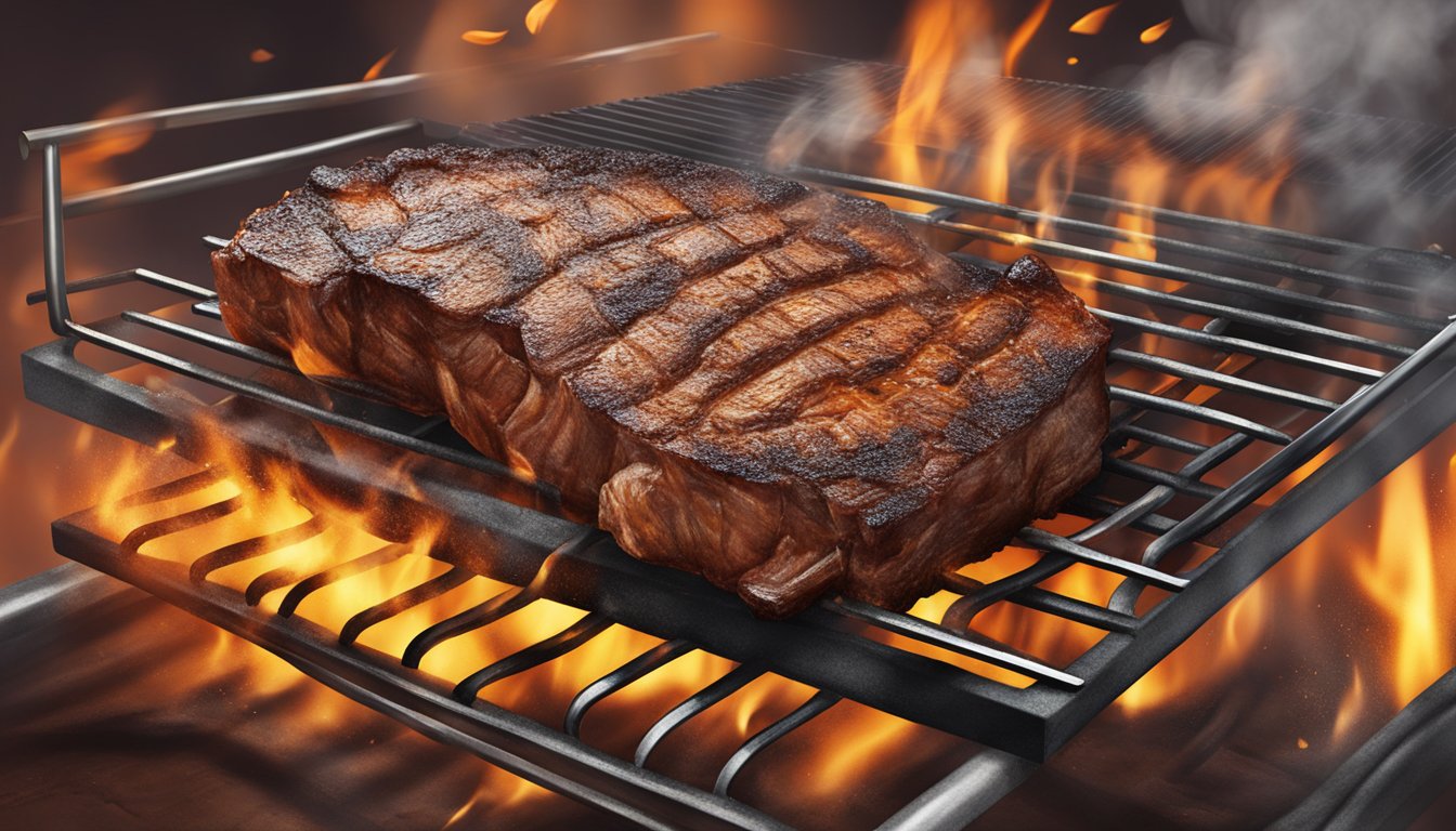 A piece of charred meat on a grill, emitting smoke and sizzling