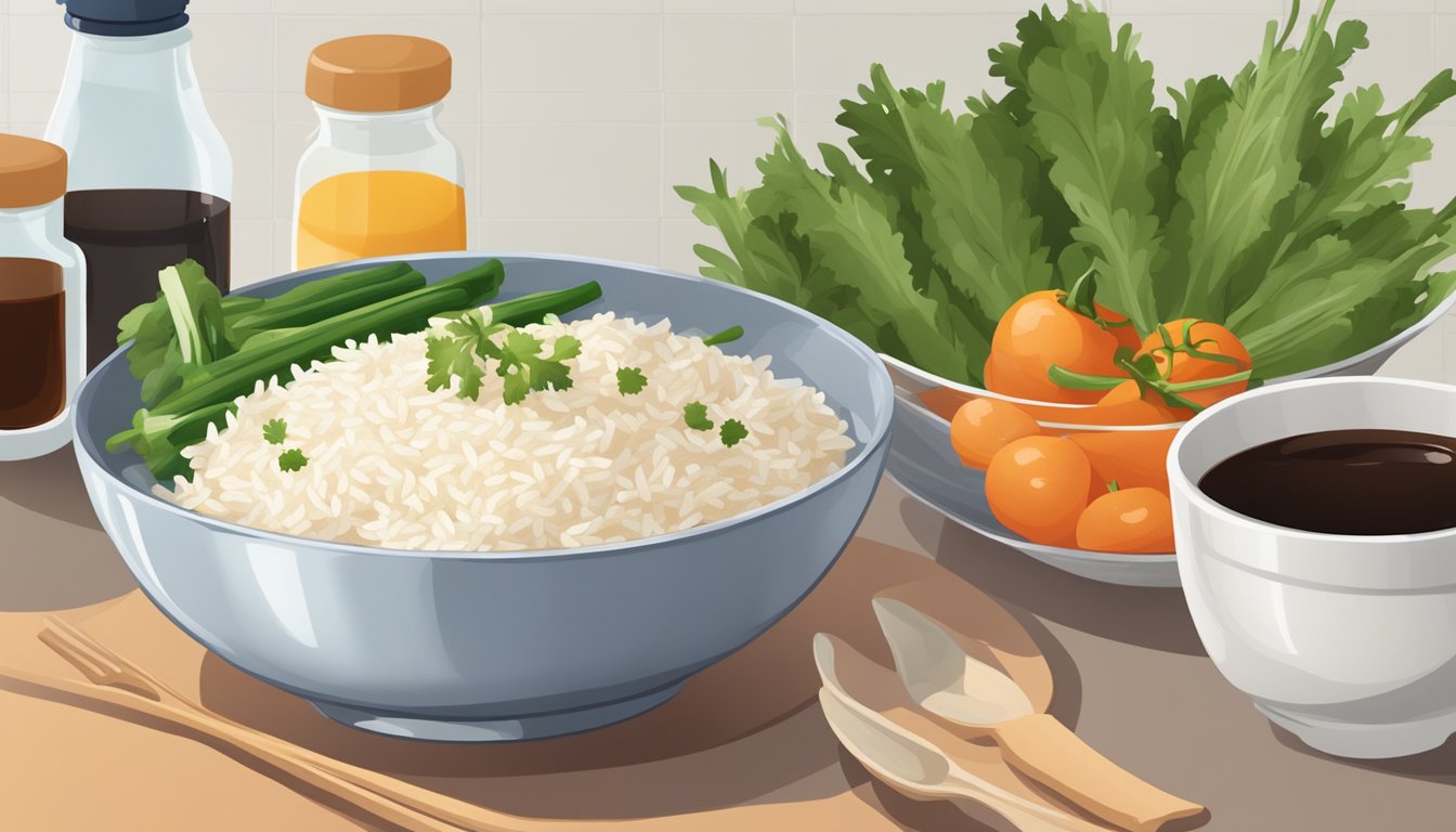 A bowl of cold rice sits on a kitchen counter, surrounded by various fresh vegetables and a bottle of soy sauce