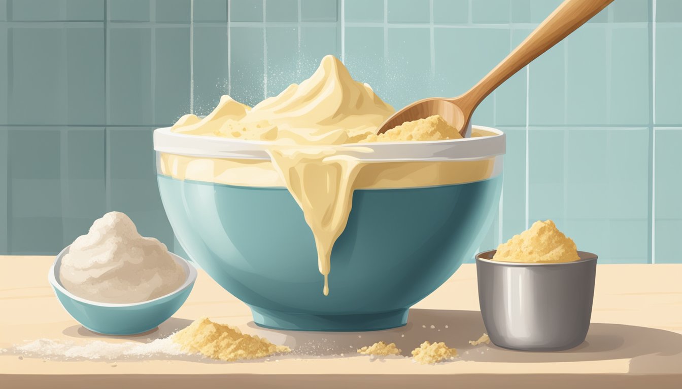 A mixing bowl with raw cake batter next to a spoon and flour on a kitchen counter