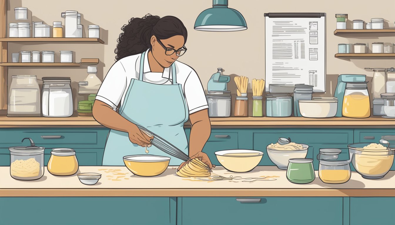 A person mixing cake batter with a whisk, surrounded by ingredients and a printed list of food safety guidelines